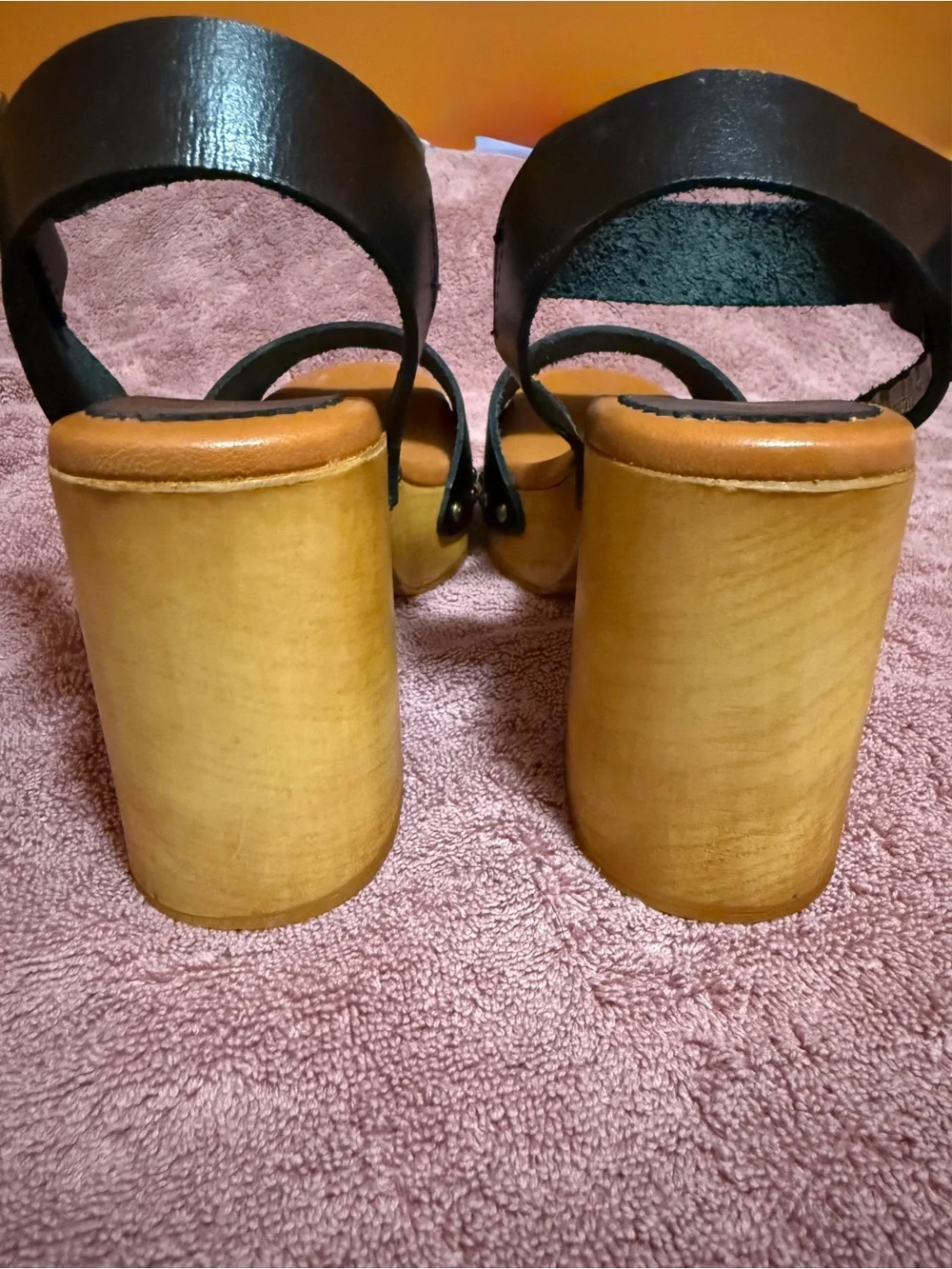 Black Platform Sandals with Wood-Look Block Heel